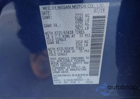 2019 Nissan Pathfinder S из США, поврежденный, VIN 5N1DR2MN1KC648999